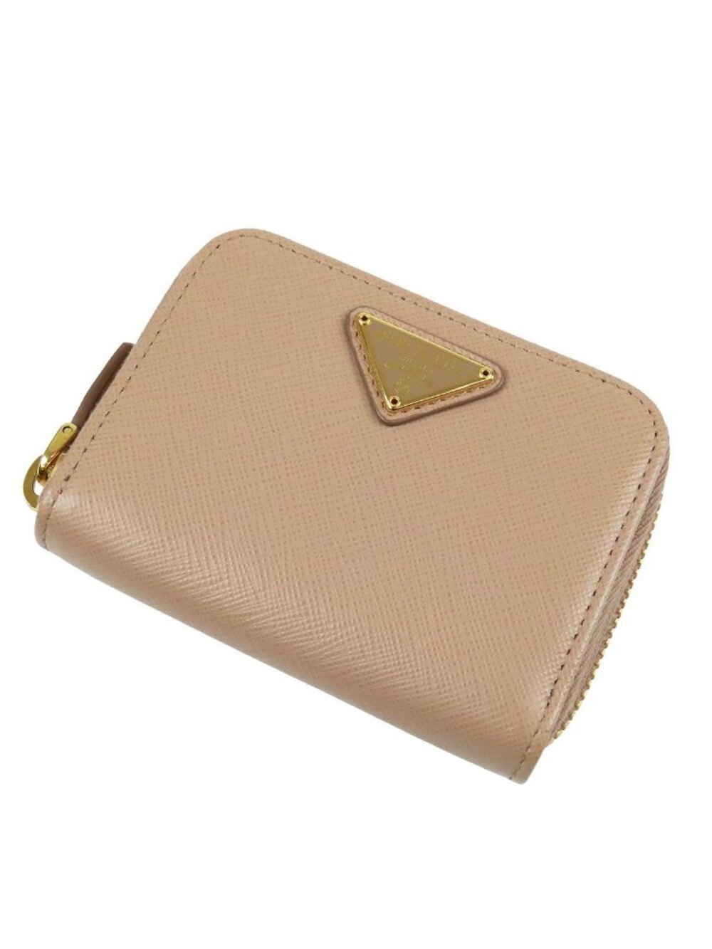 Prada Coin Purse Cipria Beige Saffiano Triangle Logo Zip Around